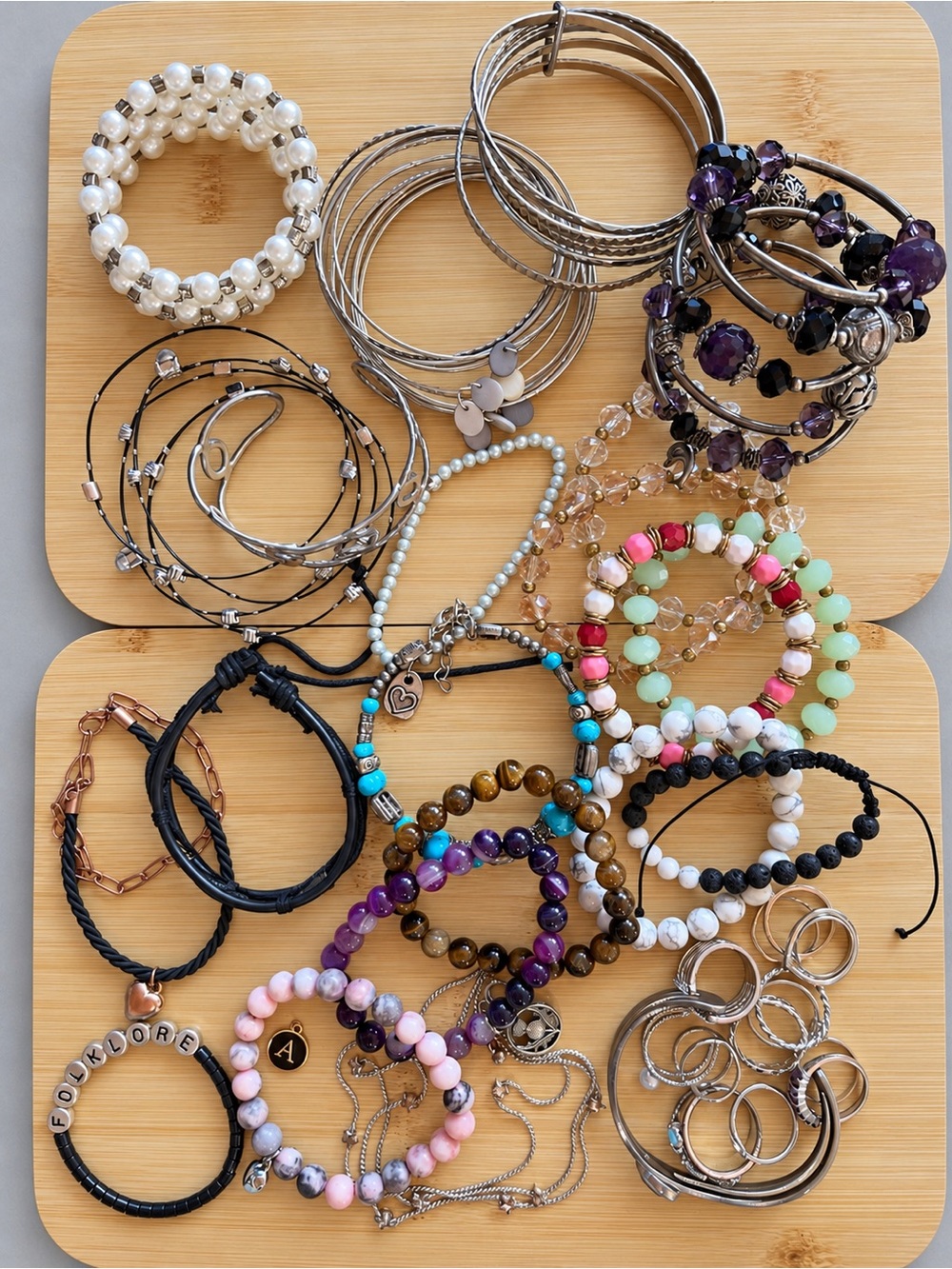 Large Bracelet Lot Beaded Stretch Bangles Cuffs Charms Mixed Costume Jewelry